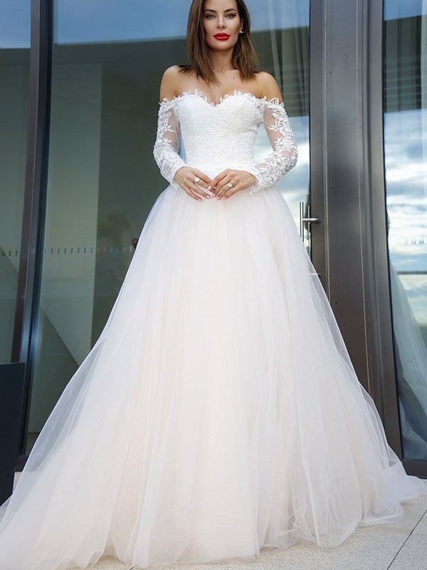 Tulle Long Sleeves Off-the-Shoulder A-Line/Princess Applique Court Train Wedding Dresses