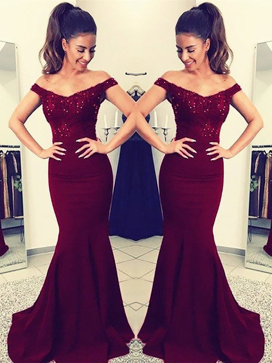 Off-the-Shoulder Sleeveless Lace Train Sweep/Brush Trumpet/Mermaid Elastic Woven Satin Dresses