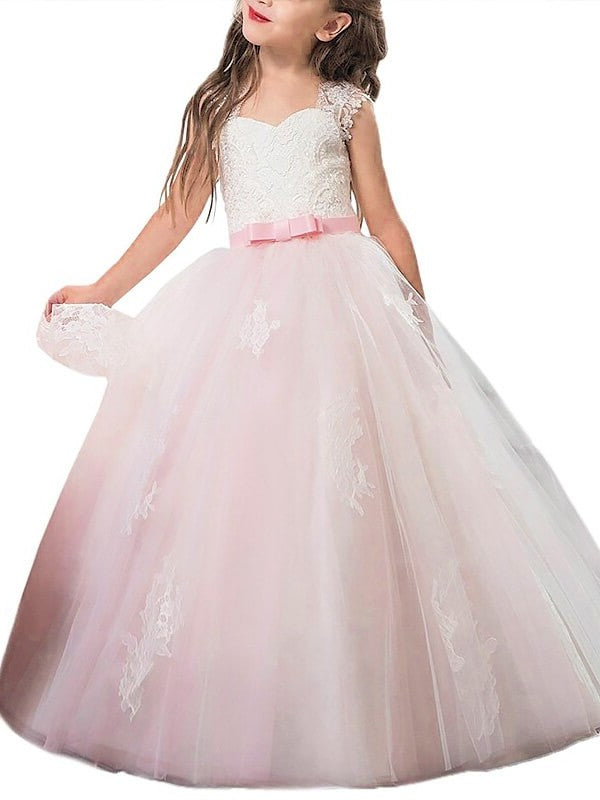 Sleeveless Floor-Length Tulle Gown Ball Bowknot Sweetheart Flower Girl Dresses