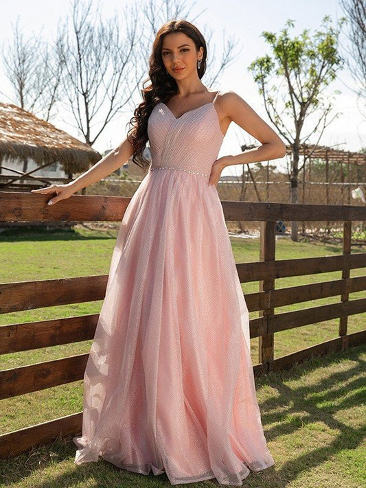 Ruched V-neck A-Line/Princess Sleeveless Floor-Length Dresses