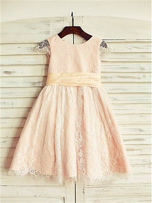 Short Scoop Sleeves A-line/Princess Tea-Length Sash/Ribbon/Belt Lace Flower Girl Dresses