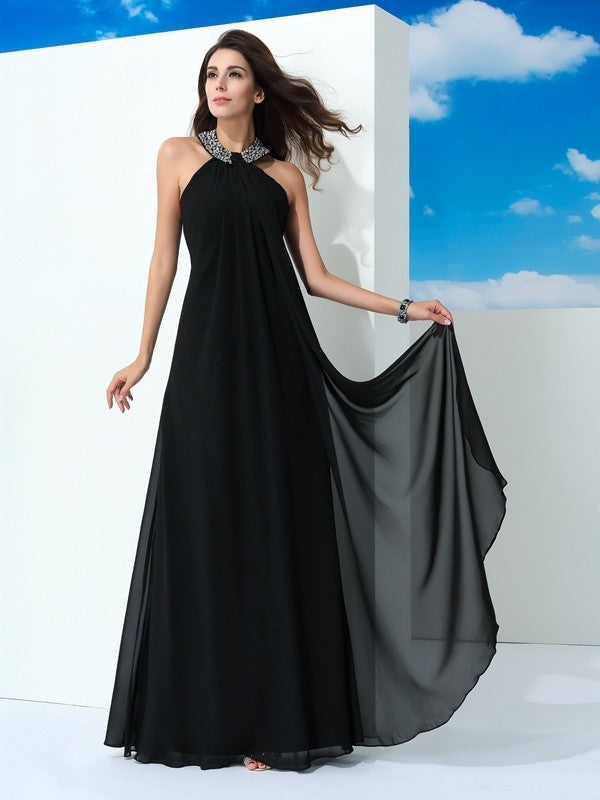 Sleeveless Beading A-Line/Princess Halter Long Chiffon Dresses