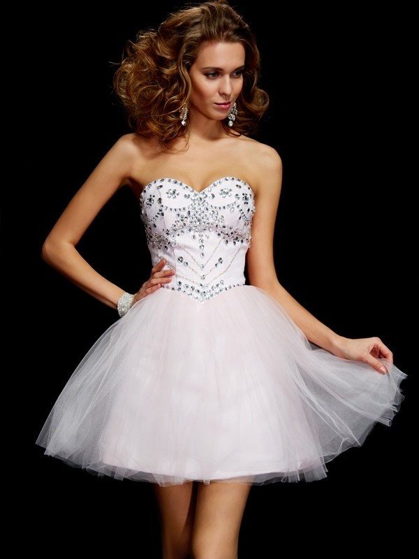 Short Beading A-Line/Princess Sleeveless Sweetheart Organza Homecoming Dresses