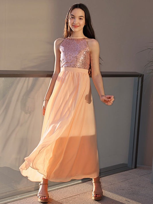 Scoop A-Line/Princess Ankle-Length Sleeveless Sequin Chiffon Junior/Girls Bridesmaid Dresses