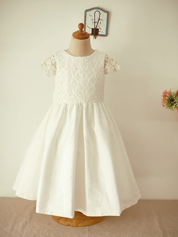 Lace Scoop Sleeves Short A-Line/Princess Knee-Length Bowknot Flower Girl Dresses