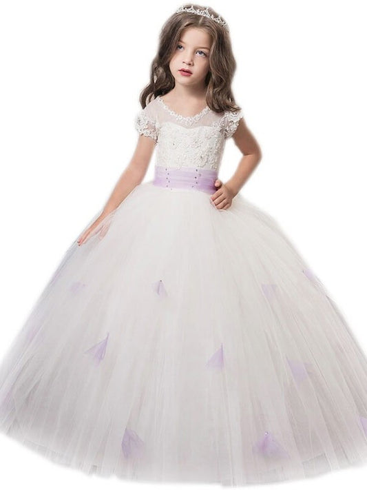 Jewel Sleeves Gown Tulle Floor-Length Short Sash/Ribbon/Belt Ball Flower Girl Dresses