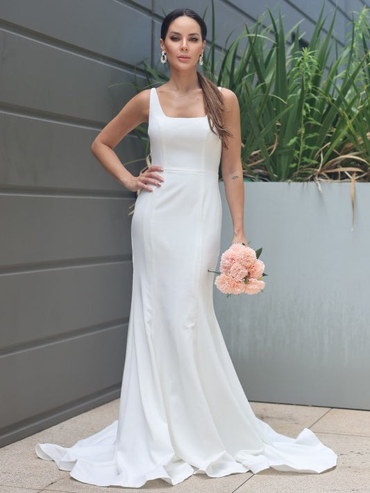 Straps Ruffles Stretch Sleeveless Sweep/Brush Sheath/Column Crepe Train Wedding Dresses