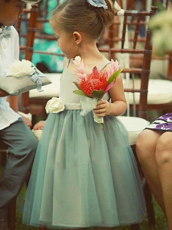 A-Line/Princess Tea-Length Square Tulle Hand-Made Sleeveless Flower Flower Girl Dresses