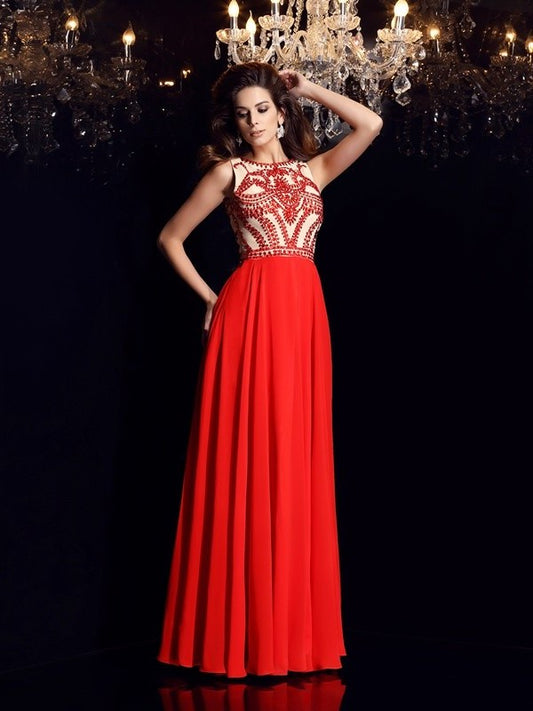 Scoop A-Line/Princess Sleeveless Beading Long Chiffon Dresses