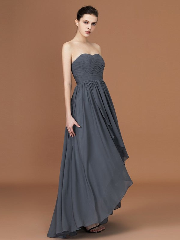 Asymmetrical A-Line/Princess Sleeveless Ruched Sweetheart Floor-Length Chiffon Bridesmaid Dresses