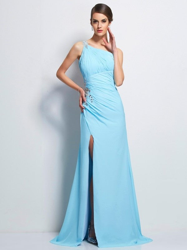 Beading One-Shoulder Sleeveless Sheath/Column Long Chiffon Dresses