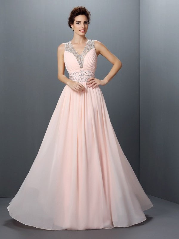 A-Line/Princess V-neck Beading Sleeveless Long Chiffon Dresses