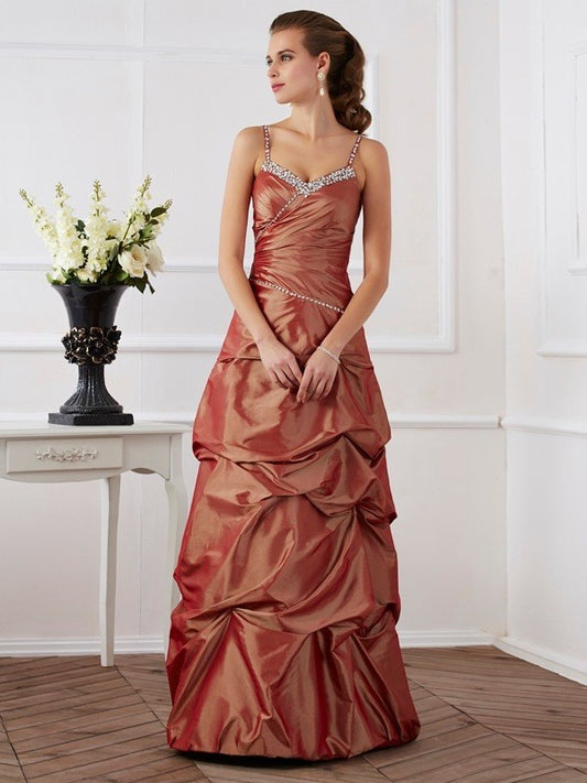 Beading Sheath/Column Sleeveless Straps Spaghetti Long Taffeta Dresses