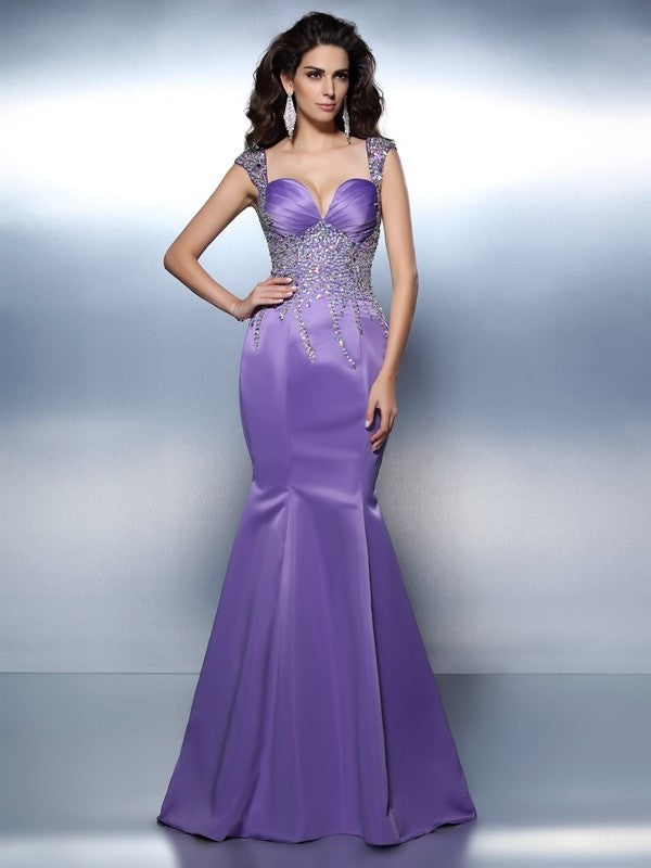 Sweetheart Trumpet/Mermaid Beading Sleeveless Long Satin Dresses