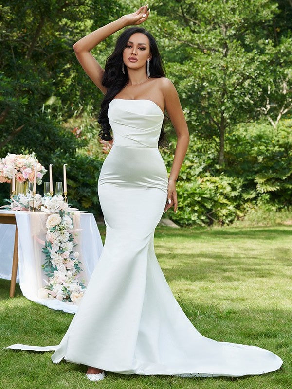 Sleeveless Sweep/Brush Strapless Satin Ruched Trumpet/Mermaid Train Wedding Dresses