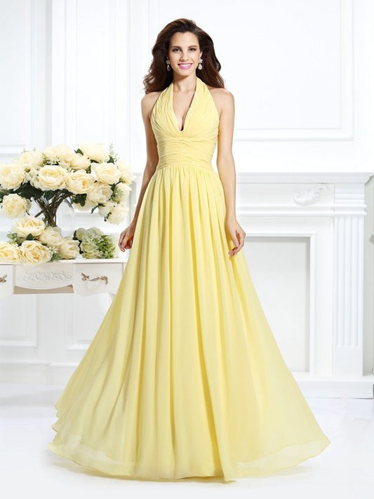 A-Line/Princess Sleeveless Pleats Long Halter Chiffon Bridesmaid Dresses