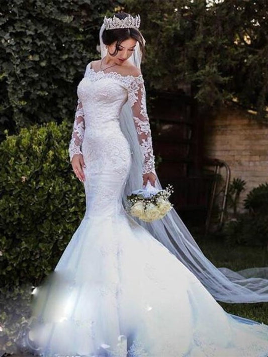 Tulle Sweep/Brush Lace Long Off-the-Shoulder Sleeves Trumpet/Mermaid Train Wedding Dresses