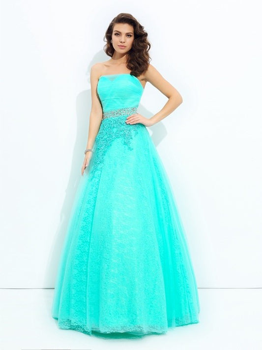 A-line/Princess Strapless Long Sleeveless Elastic Beading Woven Satin Dresses