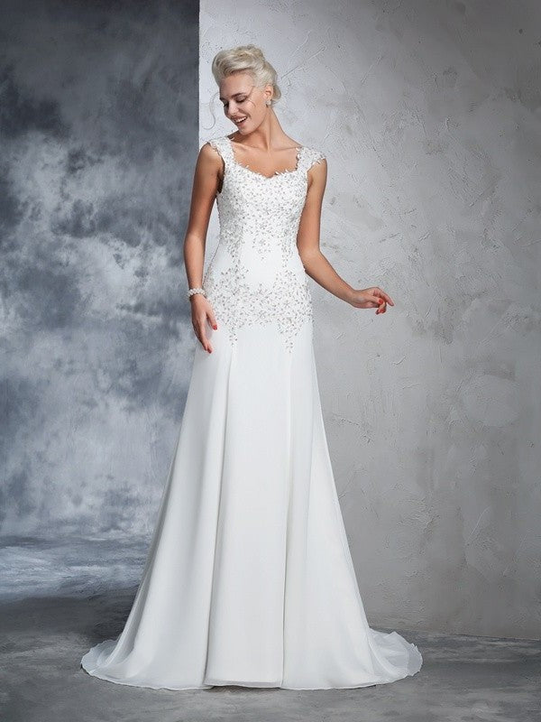 Sleeveless Beading A-Line/Princess Straps Long Chiffon Wedding Dresses