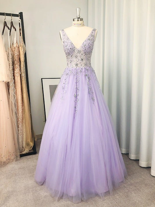 A-Line/Princess Tulle V-neck Beading Sleeveless Floor-Length Dresses