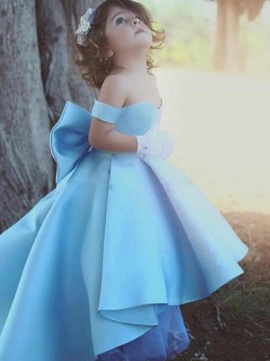 Satin Gown Ruffles Sleeveless Off-the-Shoulder Ball Asymmetrical Flower Girl Dresses