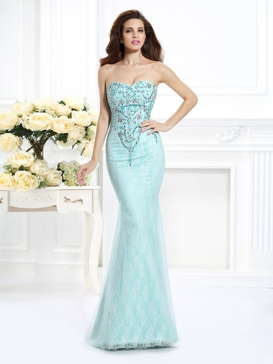 Trumpet/Mermaid Sleeveless Lace Sweetheart Beading Long Net Dresses