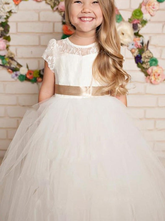 Tulle Short Lace Floor-Length A-Line/Princess Scoop Sleeves Flower Girl Dresses