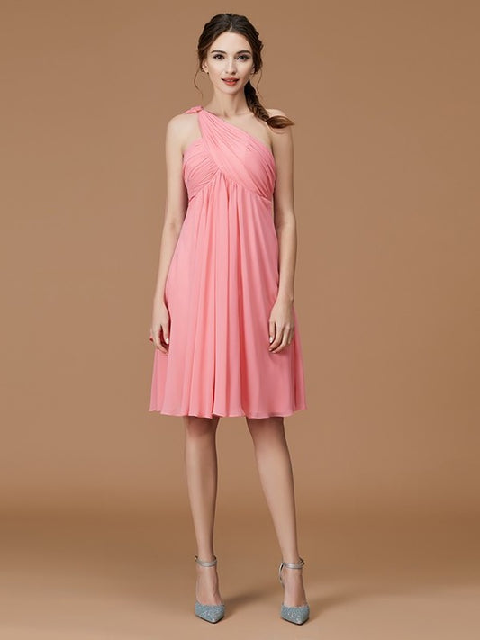 Sleeveless Ruched Short/Mini A-Line/Princess One-Shoulder Chiffon Bridesmaid Dresses