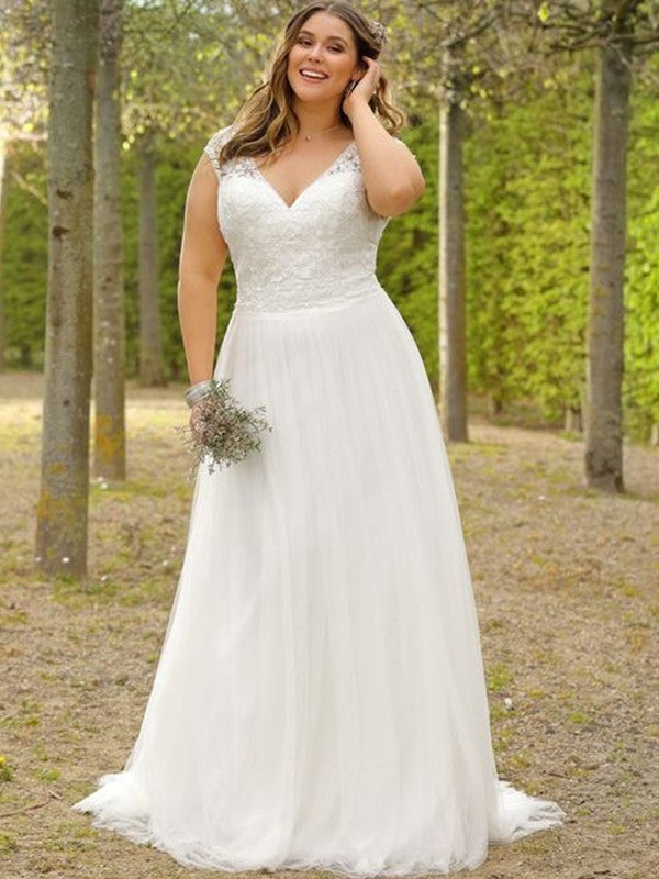 Tulle V-neck A-Line/Princess Applique Plus Sweep/Brush Sleeves Short Train Size Wedding Dresses