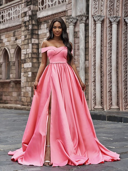 Ruffles Sleeveless Off-the-Shoulder A-Line/Princess Satin Court Train Dresses