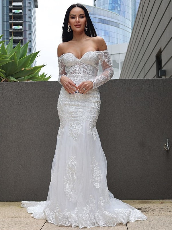 Sweep/Brush Applique Sleeves Off-the-Shoulder Long Trumpet/Mermaid Tulle Train Wedding Dresses