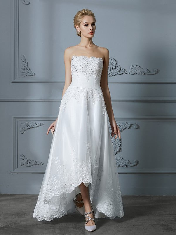 Sweetheart Beading A-Line/Princess Sleeveless Asymmetrical Tulle Wedding Dresses