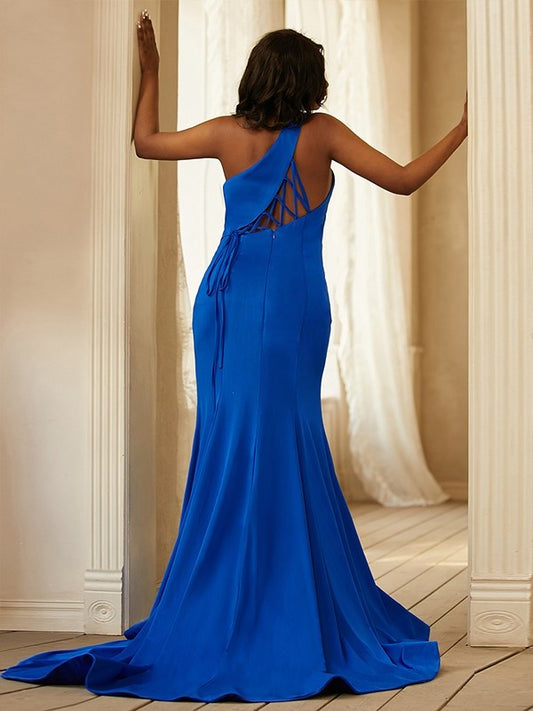 Sleeveless Ruffles One-Shoulder Sheath/Column Jersey Sweep/Brush Train Dresses