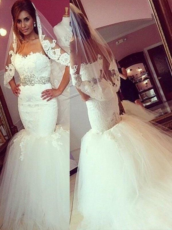 Court Sweetheart Lace Trumpet/Mermaid Sleeveless Tulle Train Wedding Dresses