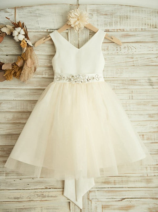 Sleeveless A-Line/Princess Knee-Length Bowknot V-neck Tulle Flower Girl Dresses