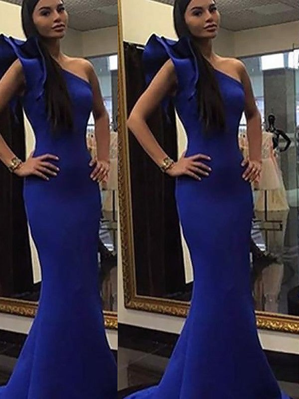 Trumpet/Mermaid Ruffles One-Shoulder Sleeveless Sweep/Brush Train Stretch Crepe Dresses