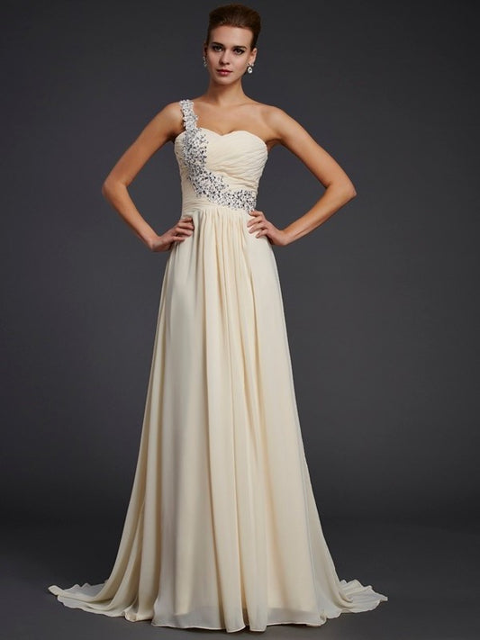 One-Shoulder Beading Sleeveless A-Line/Princess Applique Long Chiffon Dresses