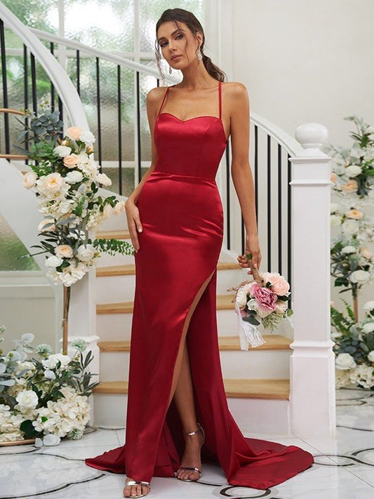 Square Sleeveless Elastic Woven Satin Ruched Sweep/Brush Sheath/Column Train Bridesmaid Dresses