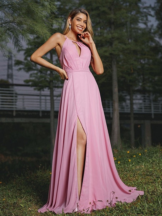 Sweep/Brush Sleeveless Ruched Scoop A-Line/Princess Chiffon Train Bridesmaid Dresses