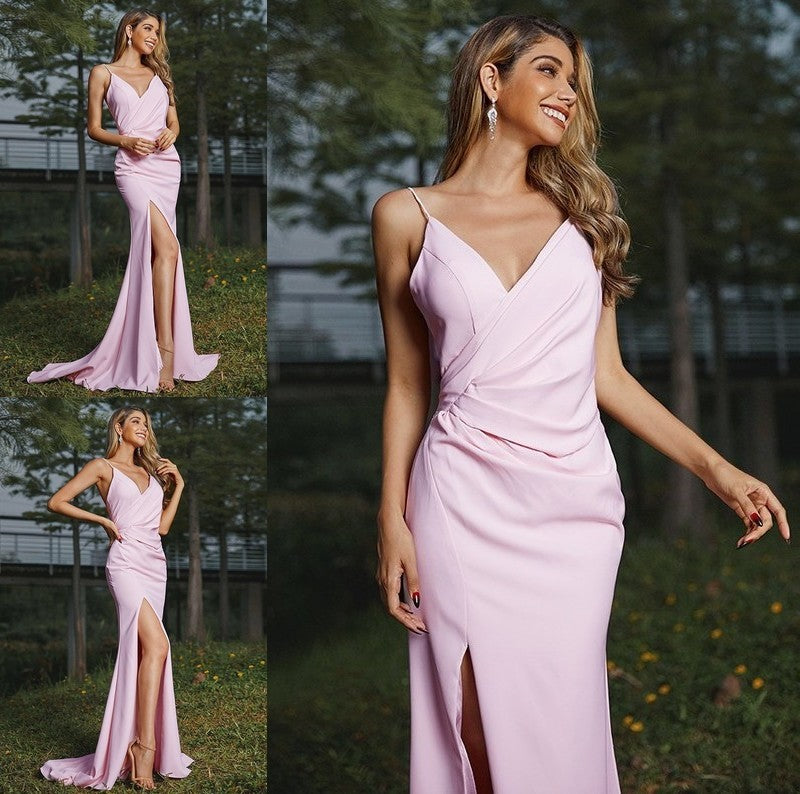 V-neck Stretch Crepe Sleeveless Sheath/Column Ruched Sweep/Brush Train Bridesmaid Dresses