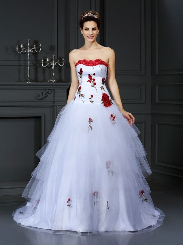 Hand-Made Long Ball Sleeveless Gown Flower Strapless Tulle Wedding Dresses