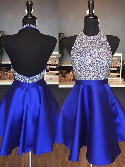 Short A-Line With Satin Halter Cut Royal Beading Blue Homecoming Dresses