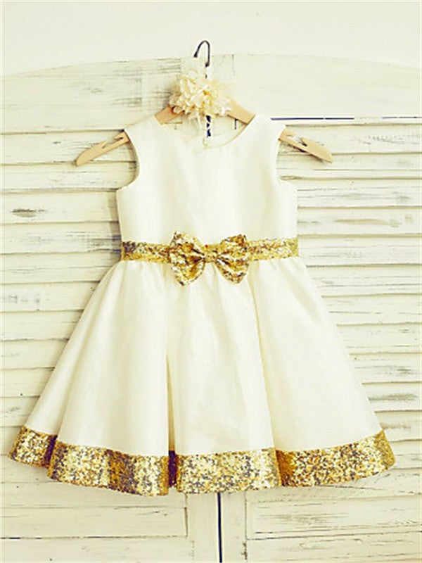 Scoop Sleeveless Sequin Satin Tea-Length A-line/Princess Flower Girl Dresses