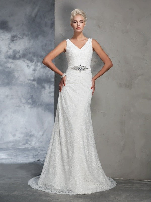 Trumpet/Mermaid Long Sleeveless Lace V-neck Lace Wedding Dresses