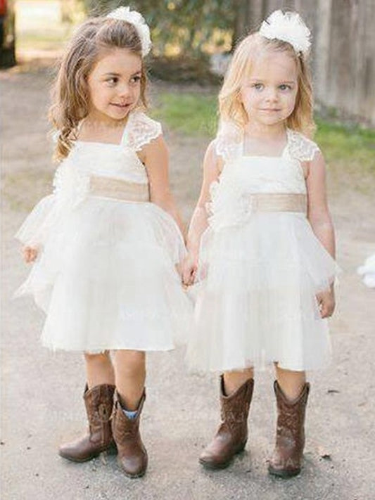 Knee-Length Tulle Sleeveless Sash/Ribbon/Belt A-Line/Princess Square Flower Girl Dresses