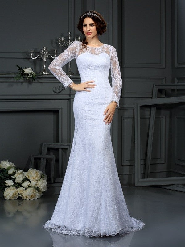 Scoop Sleeves Sheath/Column Lace Long Long Satin Wedding Dresses