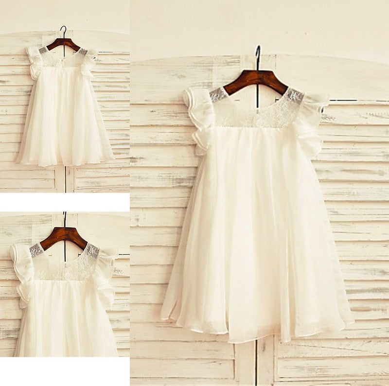 A-line/Princess Chiffon Scoop Tea-Length Sleeves Lace Short Flower Girl Dresses