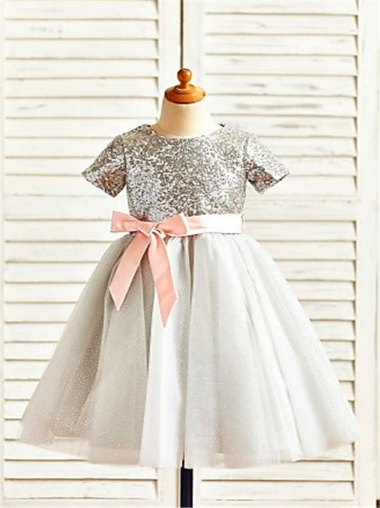 Tea-Length A-line/Princess Sequin Short Tulle Sleeves Scoop Flower Girl Dresses