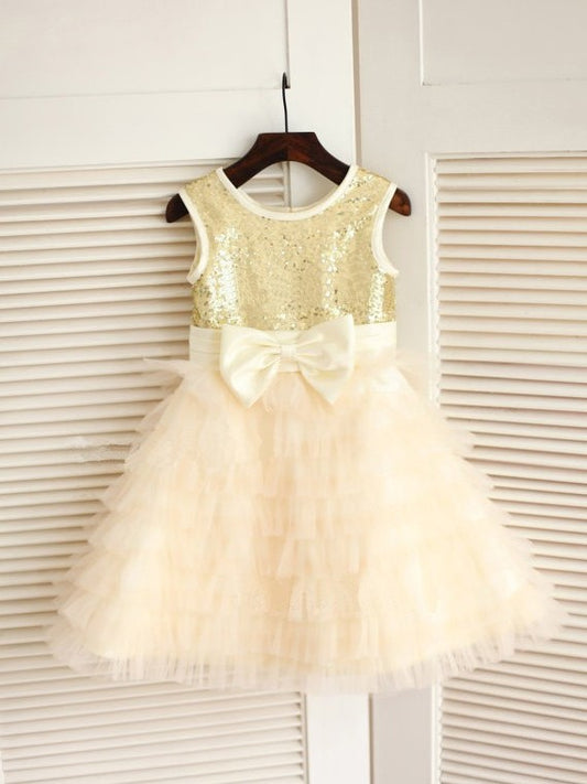 A-line/Princess Sleeveless Bowknot Scoop Long Tulle Dresses