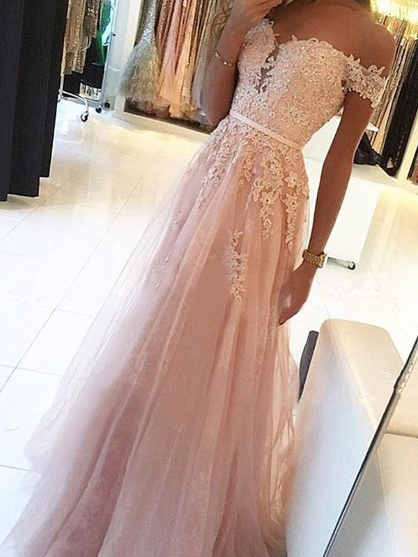 Sleeveless A-Line/Princess Off-the-Shoulder Floor-Length Applique Tulle Dresses